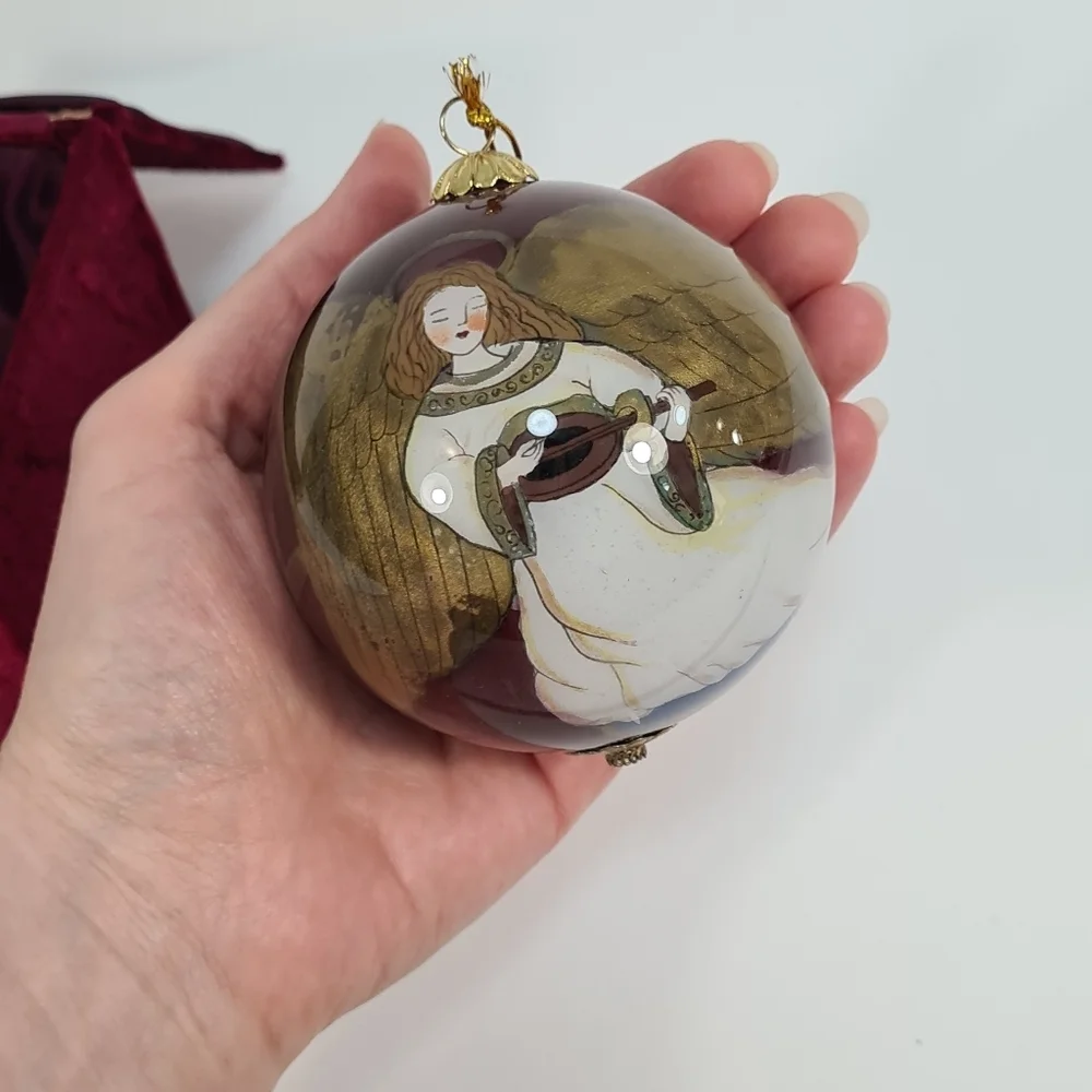 Vintage 1999 Pier 1 Imports Li Bien Angel Glass Ornament Burgundy & Gold in Box